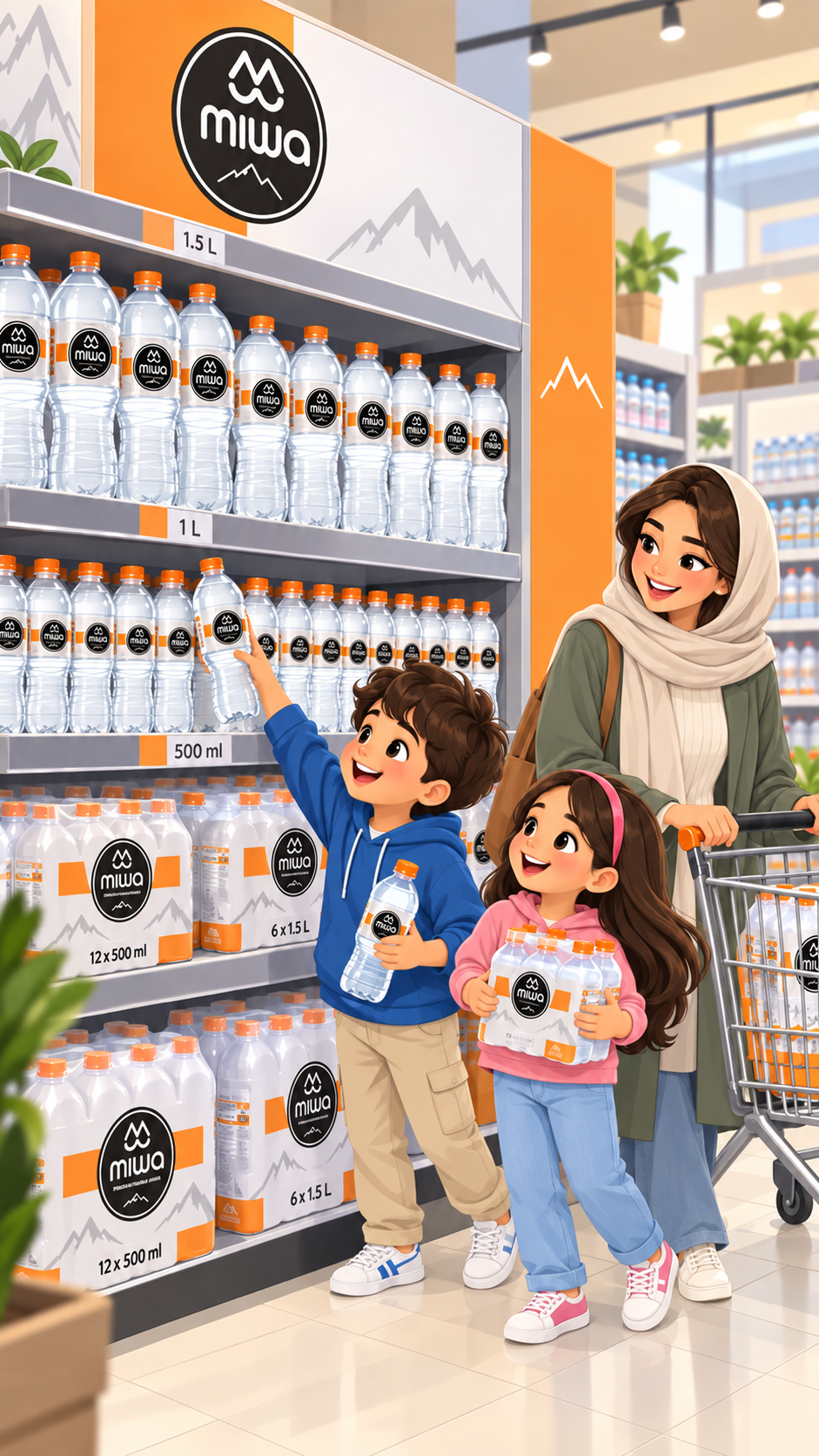 فروشگاه میوا و بچه‌ها در حال انتخاب بطری آب
